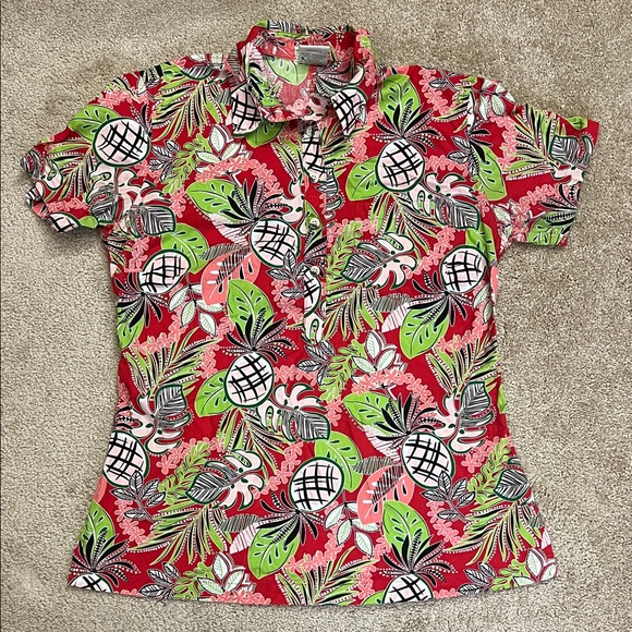 Go Barefoot Red and Green Floral Print Aloha Hawaiian Shirt Casual Shirt Medium - Picture 1 of 4